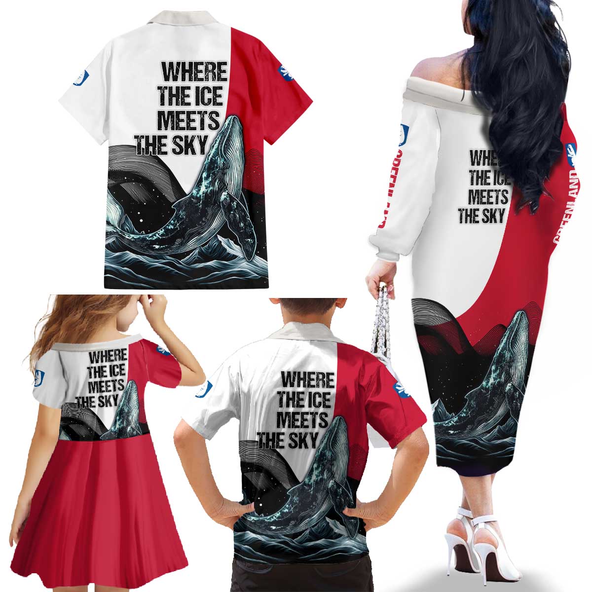 Greenland Whale Family Matching Off The Shoulder Long Sleeve Dress and Hawaiian Shirt with Arctic Waves and Where the Ice Meets the Sky Text Design