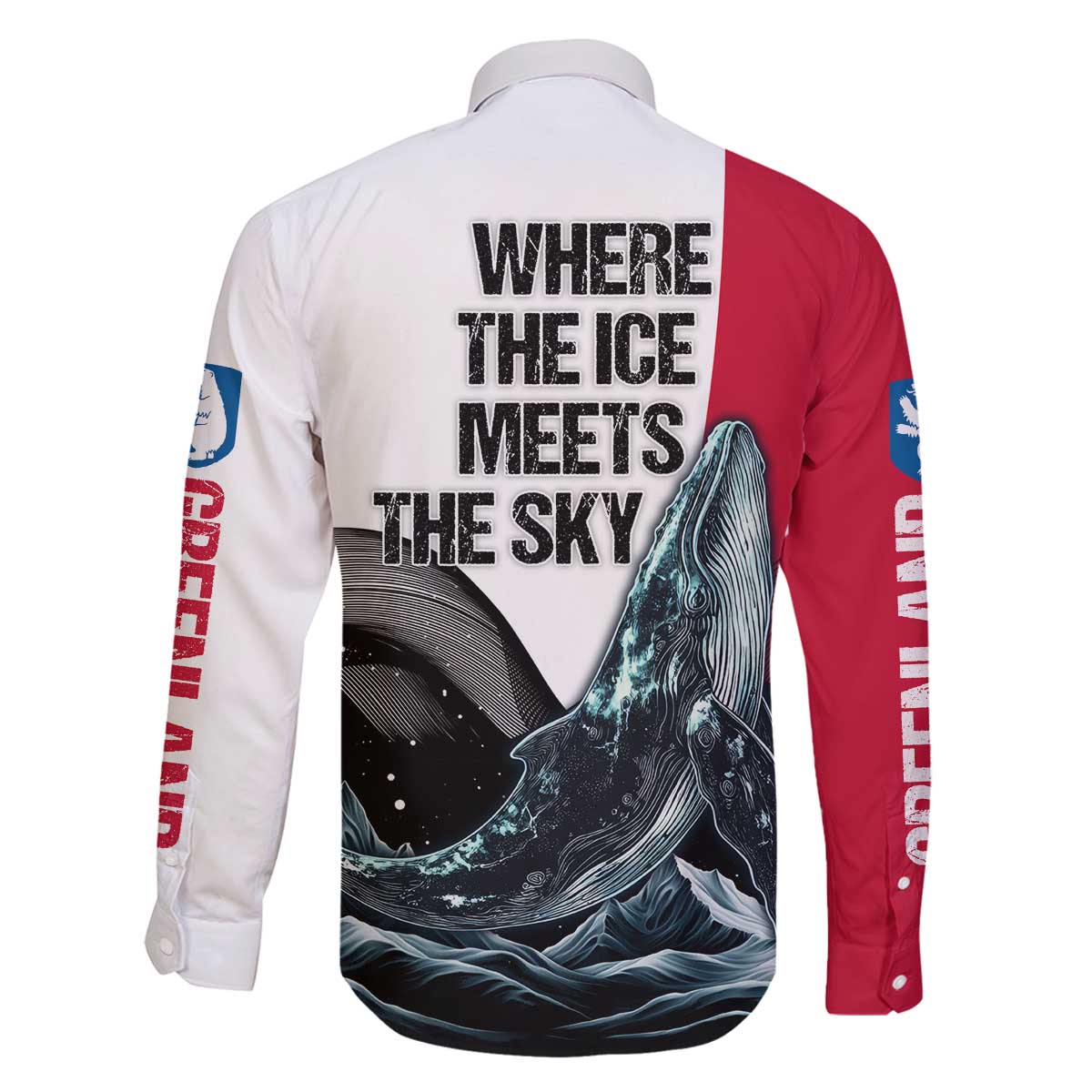 Greenland Whale Family Matching Off The Shoulder Long Sleeve Dress and Hawaiian Shirt with Arctic Waves and Where the Ice Meets the Sky Text Design