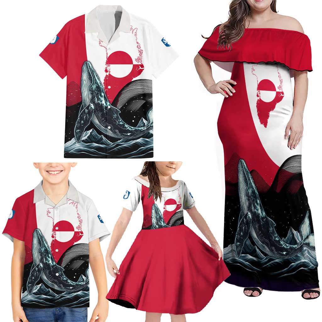 Greenland Whale Family Matching Off Shoulder Maxi Dress and Hawaiian Shirt with Arctic Waves and Where the Ice Meets the Sky Text Design