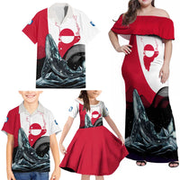 Greenland Whale Family Matching Off Shoulder Maxi Dress and Hawaiian Shirt with Arctic Waves and Where the Ice Meets the Sky Text Design