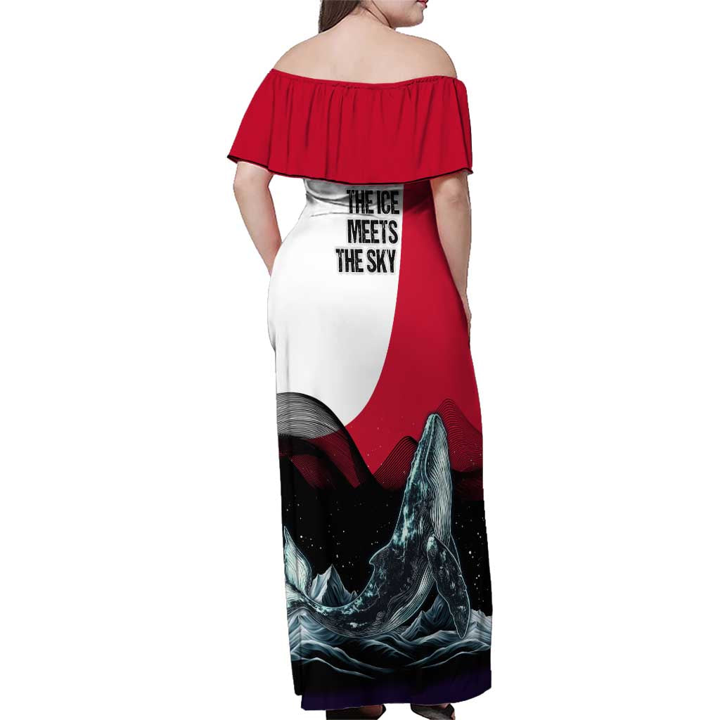 Greenland Whale Family Matching Off Shoulder Maxi Dress and Hawaiian Shirt with Arctic Waves and Where the Ice Meets the Sky Text Design