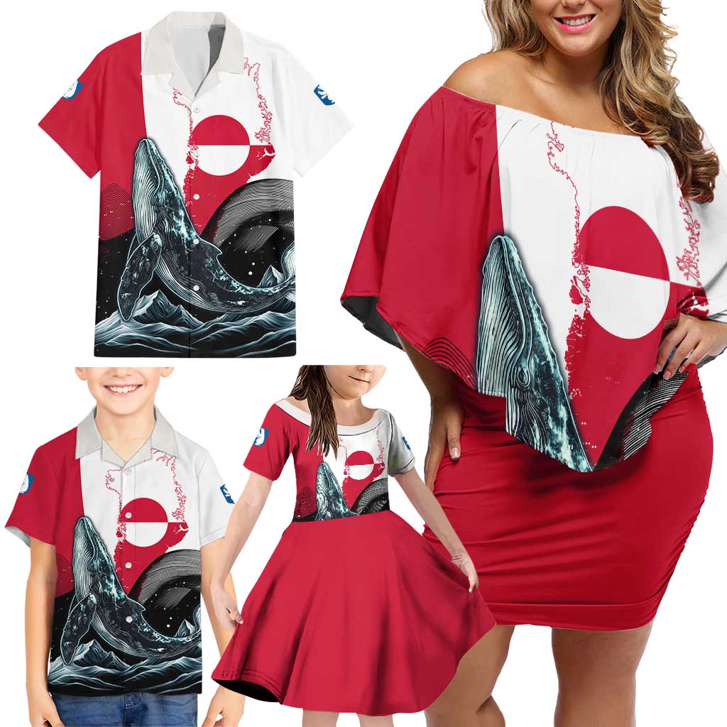 Greenland Whale Family Matching Off Shoulder Short Dress and Hawaiian Shirt with Arctic Waves and Where the Ice Meets the Sky Text Design