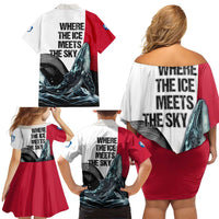 Greenland Whale Family Matching Off Shoulder Short Dress and Hawaiian Shirt with Arctic Waves and Where the Ice Meets the Sky Text Design