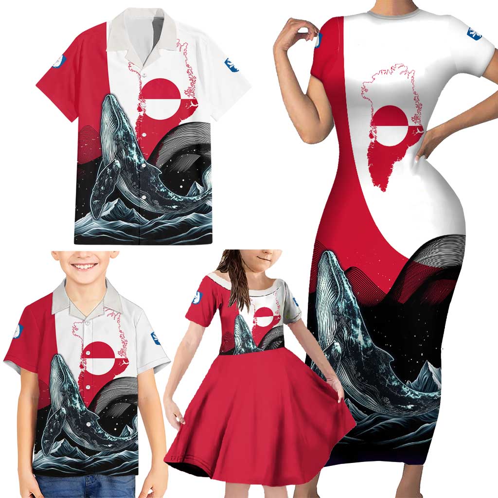 Greenland Whale Family Matching Short Sleeve Bodycon Dress and Hawaiian Shirt with Arctic Waves and Where the Ice Meets the Sky Text Design