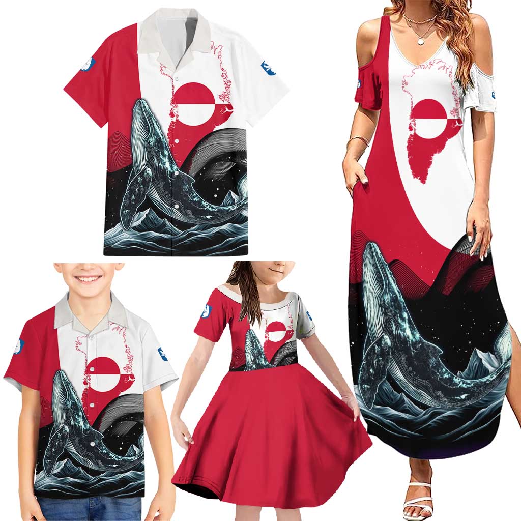 Greenland Whale Family Matching Summer Maxi Dress and Hawaiian Shirt with Arctic Waves and Where the Ice Meets the Sky Text Design