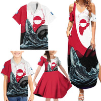 Greenland Whale Family Matching Summer Maxi Dress and Hawaiian Shirt with Arctic Waves and Where the Ice Meets the Sky Text Design