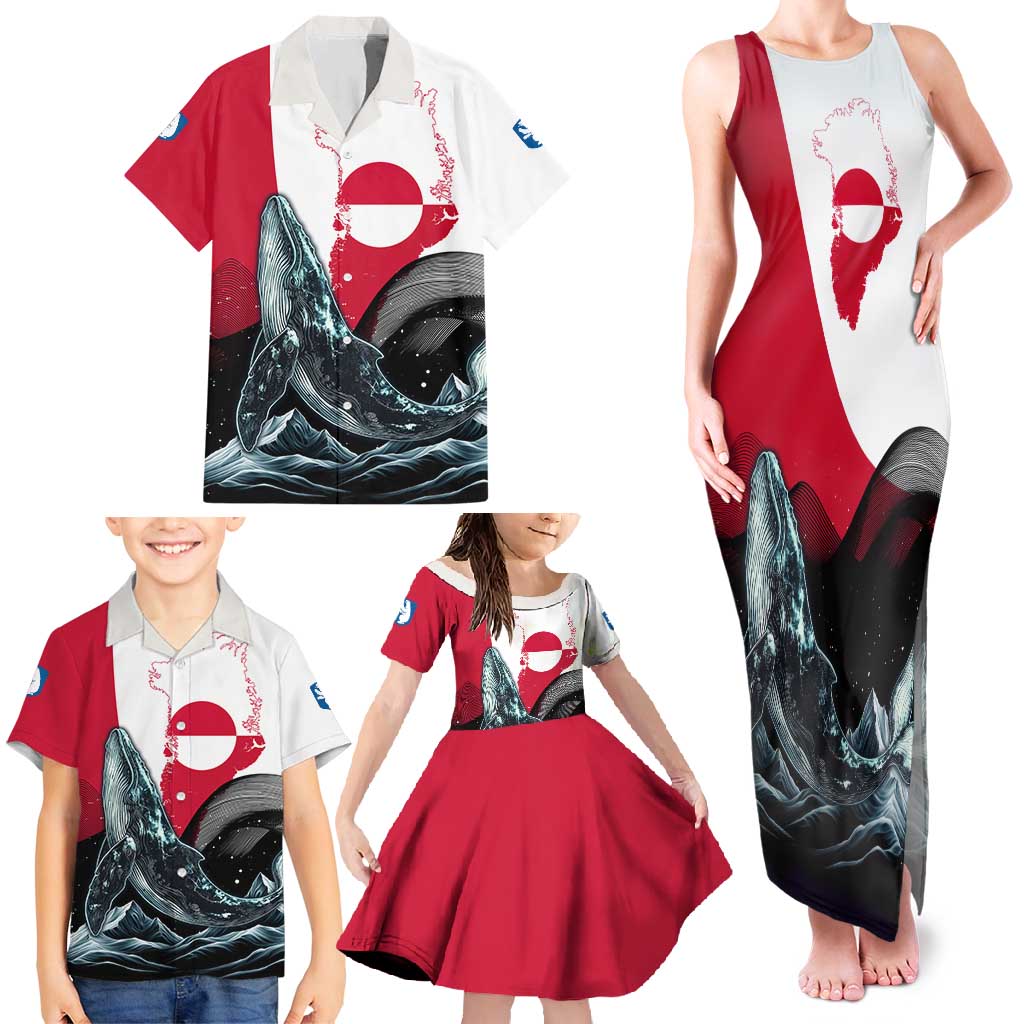 Greenland Whale Family Matching Tank Maxi Dress and Hawaiian Shirt with Arctic Waves and Where the Ice Meets the Sky Text Design