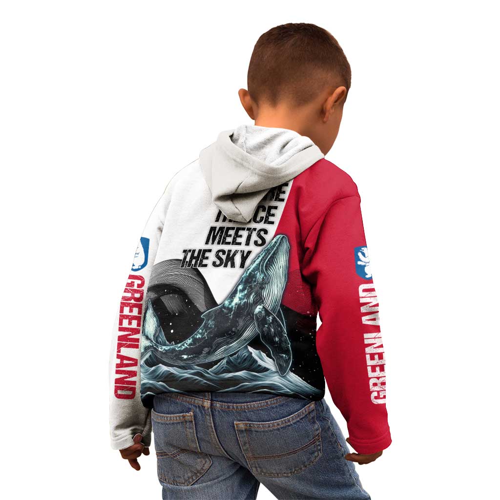 Greenland Whale Kid Hoodie with Arctic Waves and Where the Ice Meets the Sky Text Design