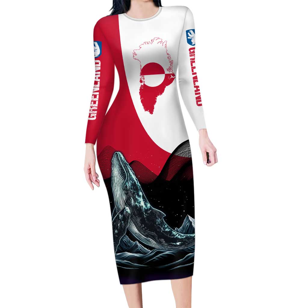 Greenland Whale Long Sleeve Bodycon Dress with Arctic Waves and Where the Ice Meets the Sky Text Design