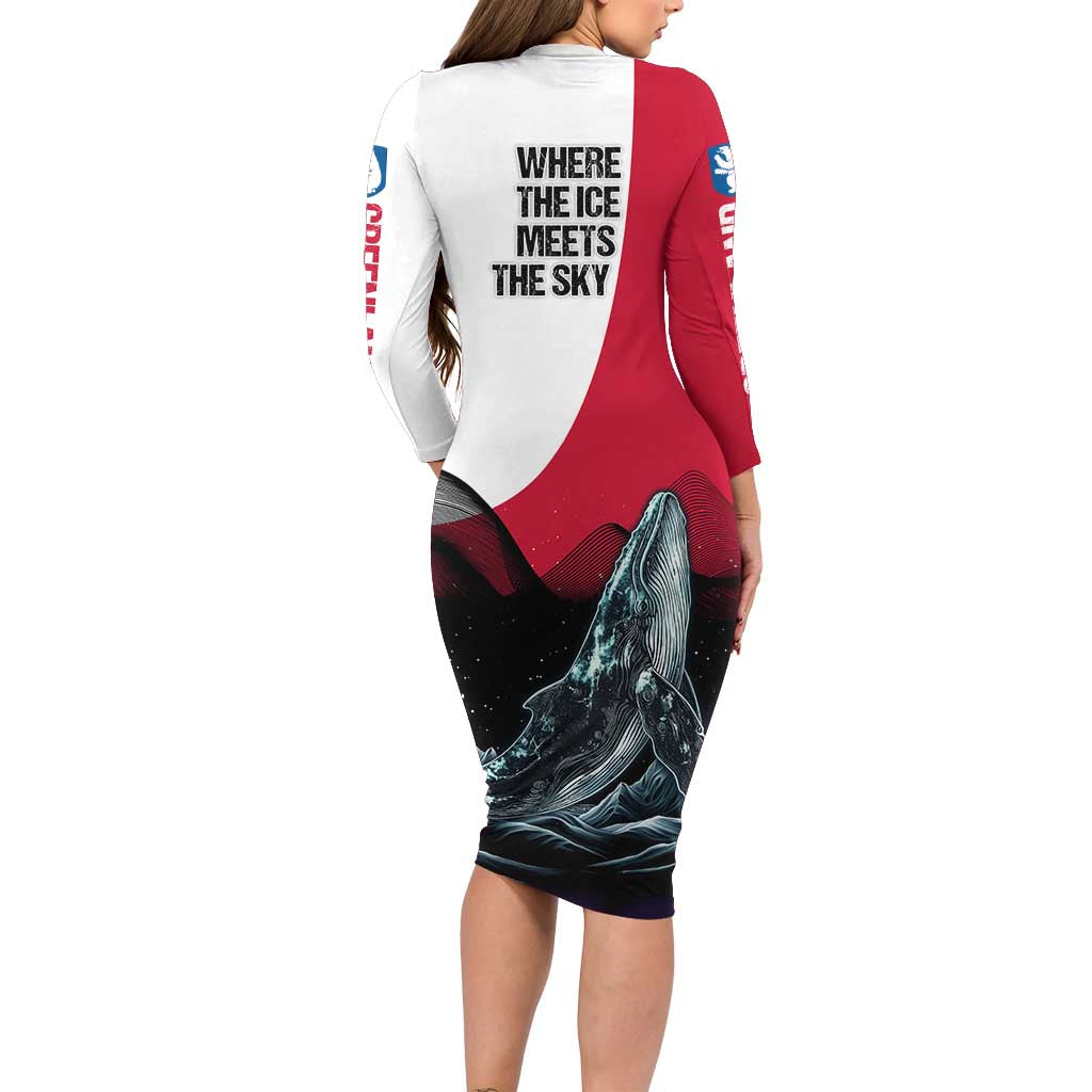 Greenland Whale Long Sleeve Bodycon Dress with Arctic Waves and Where the Ice Meets the Sky Text Design