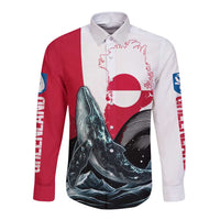Greenland Whale Long Sleeve Button Shirt with Arctic Waves and Where the Ice Meets the Sky Text Design