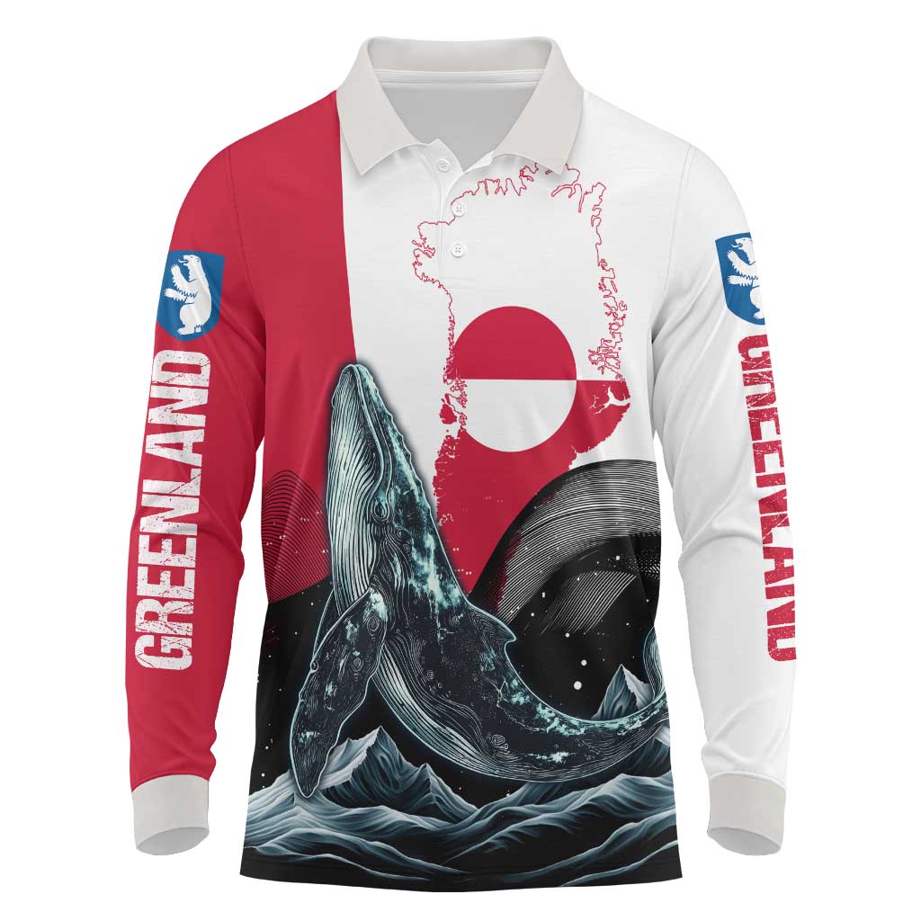 Greenland Whale Long Sleeve Polo Shirt with Arctic Waves and Where the Ice Meets the Sky Text Design