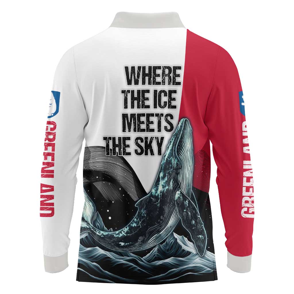 Greenland Whale Long Sleeve Polo Shirt with Arctic Waves and Where the Ice Meets the Sky Text Design