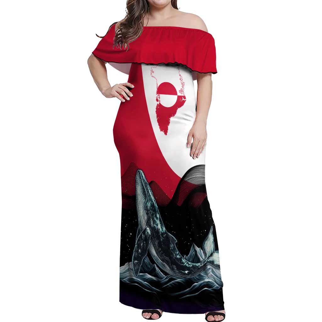 Greenland Whale Off Shoulder Maxi Dress with Arctic Waves and Where the Ice Meets the Sky Text Design