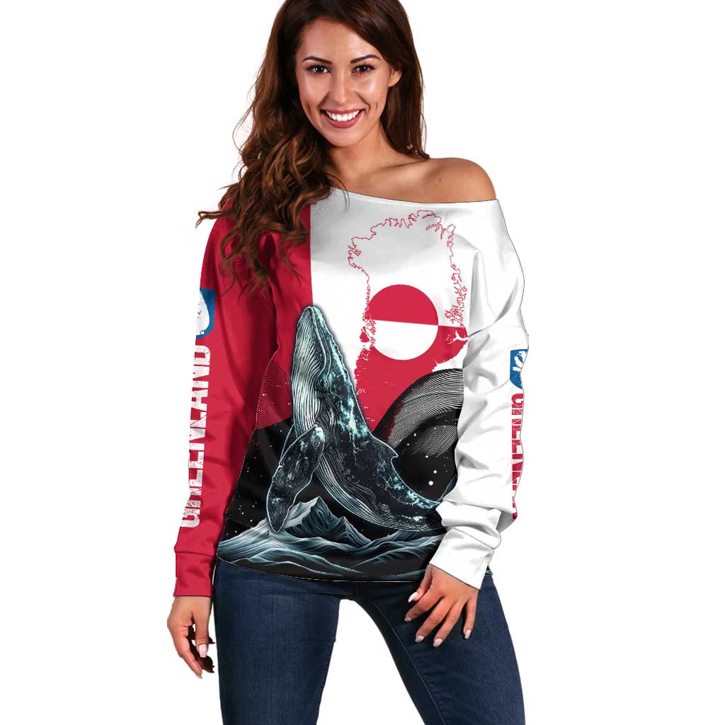 Greenland Whale Off Shoulder Sweater with Arctic Waves and Where the Ice Meets the Sky Text Design
