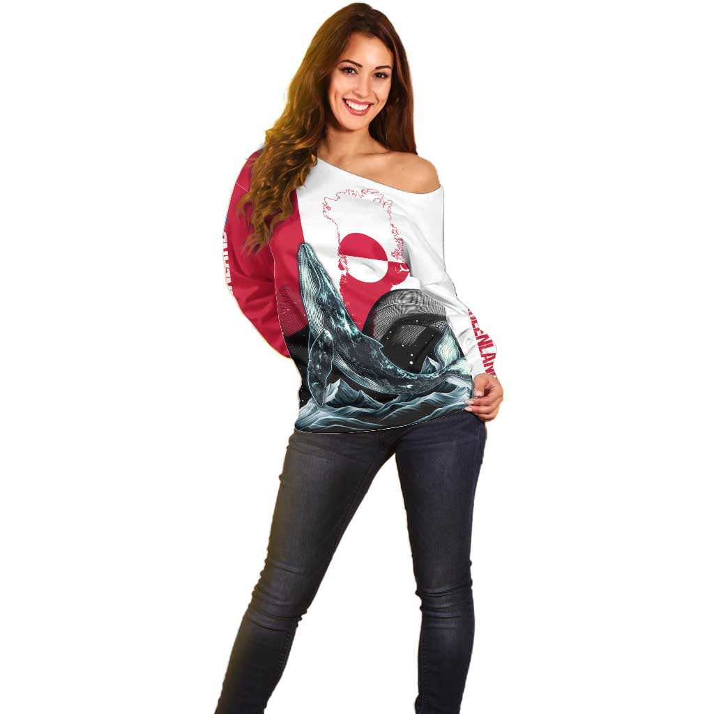 Greenland Whale Off Shoulder Sweater with Arctic Waves and Where the Ice Meets the Sky Text Design
