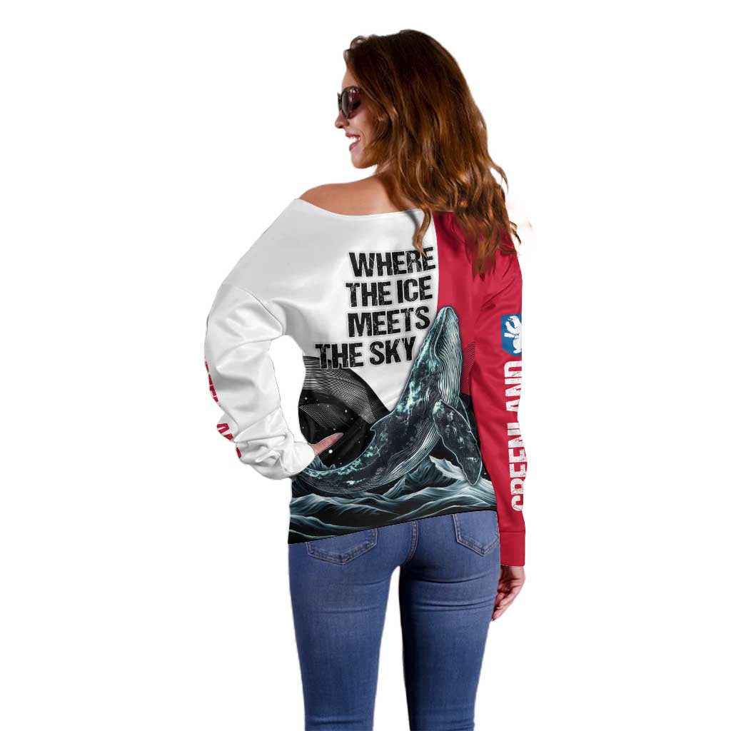 Greenland Whale Off Shoulder Sweater with Arctic Waves and Where the Ice Meets the Sky Text Design