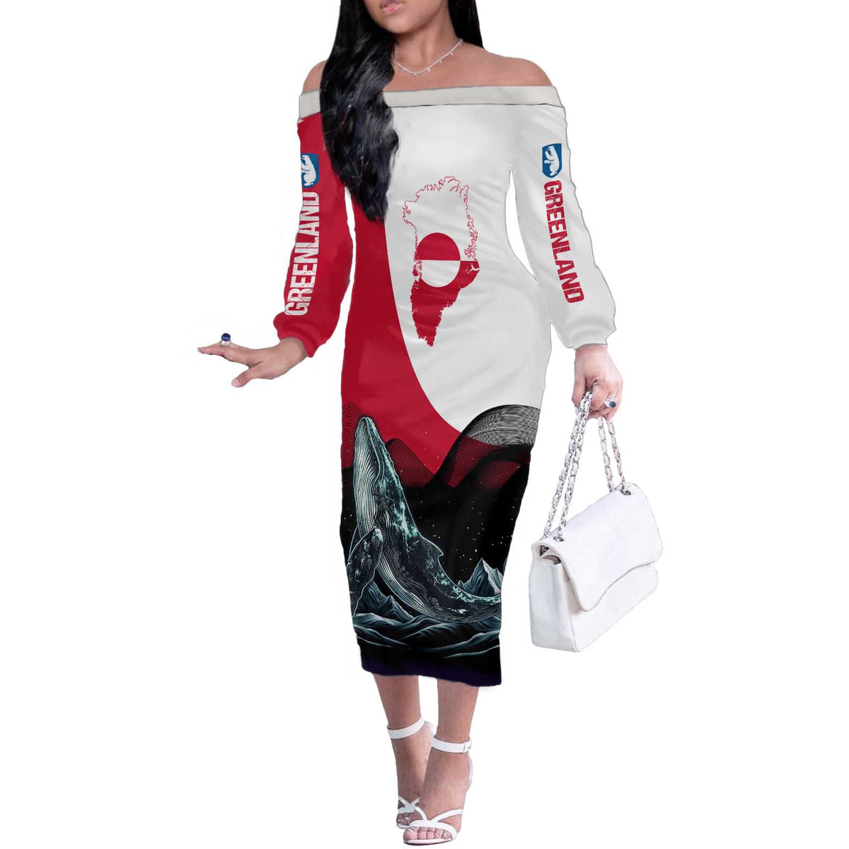 Greenland Whale Off The Shoulder Long Sleeve Dress with Arctic Waves and Where the Ice Meets the Sky Text Design