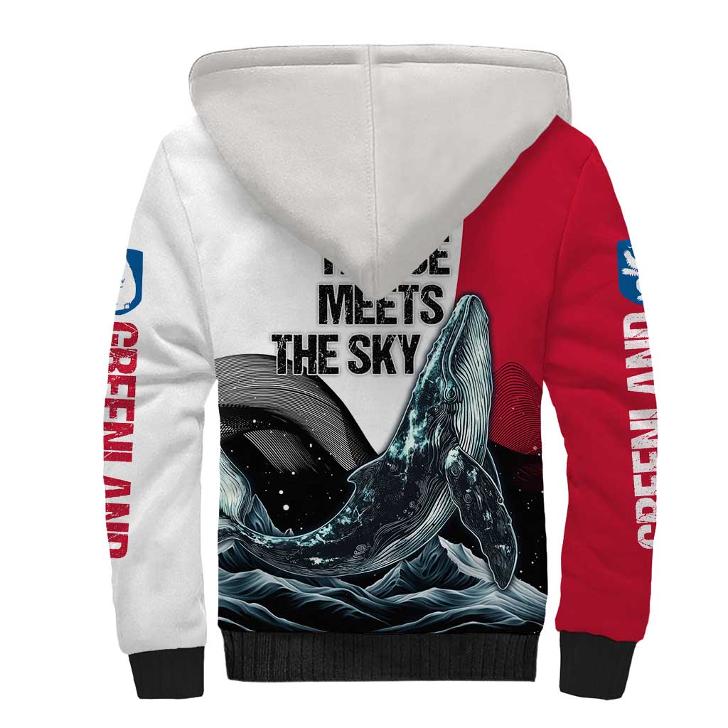 Greenland Whale Sherpa Hoodie with Arctic Waves and Where the Ice Meets the Sky Text Design