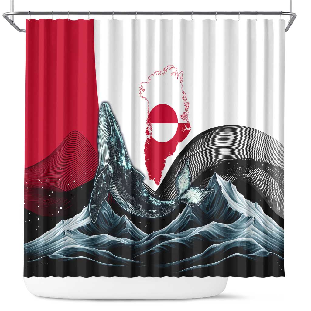 Greenland Whale Shower Curtain with Arctic Waves and Where the Ice Meets the Sky Text Design