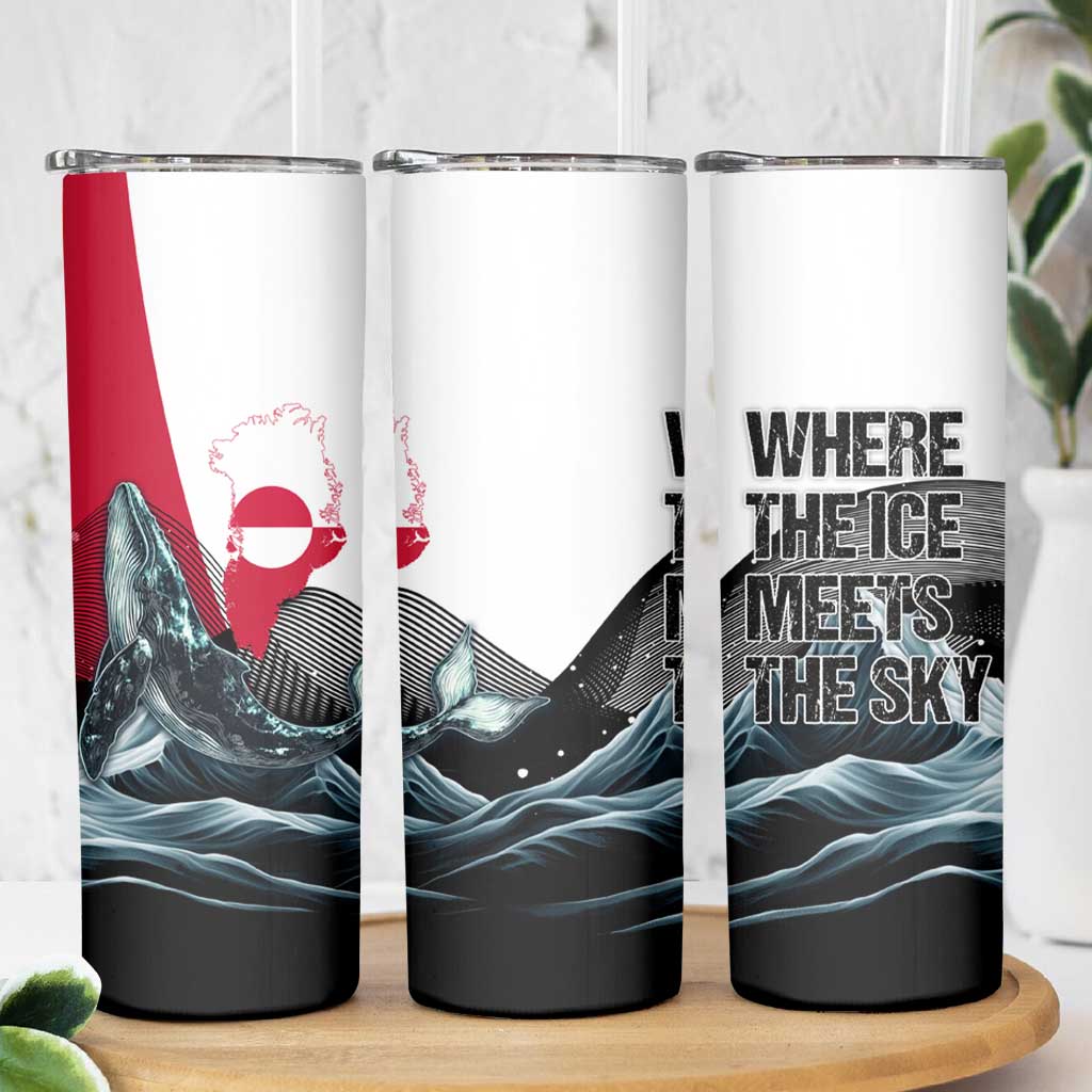 Greenland Whale Skinny Tumbler with Arctic Waves and Where the Ice Meets the Sky Text Design