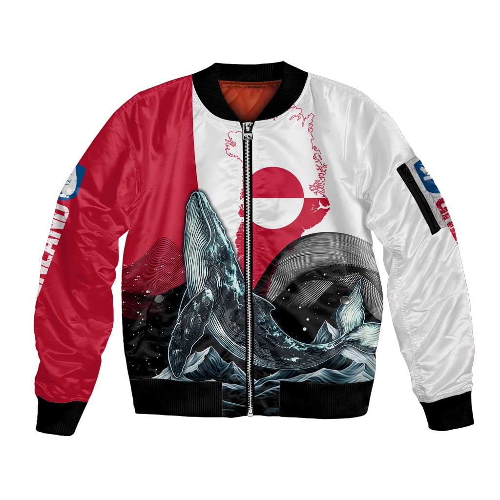 Greenland Whale Sleeve Zip Bomber Jacket with Arctic Waves and Where the Ice Meets the Sky Text Design