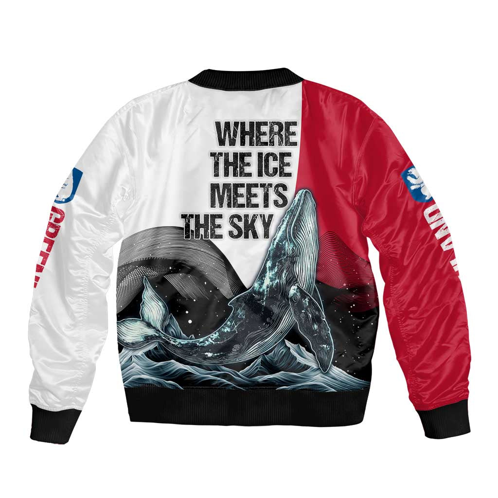 Greenland Whale Sleeve Zip Bomber Jacket with Arctic Waves and Where the Ice Meets the Sky Text Design