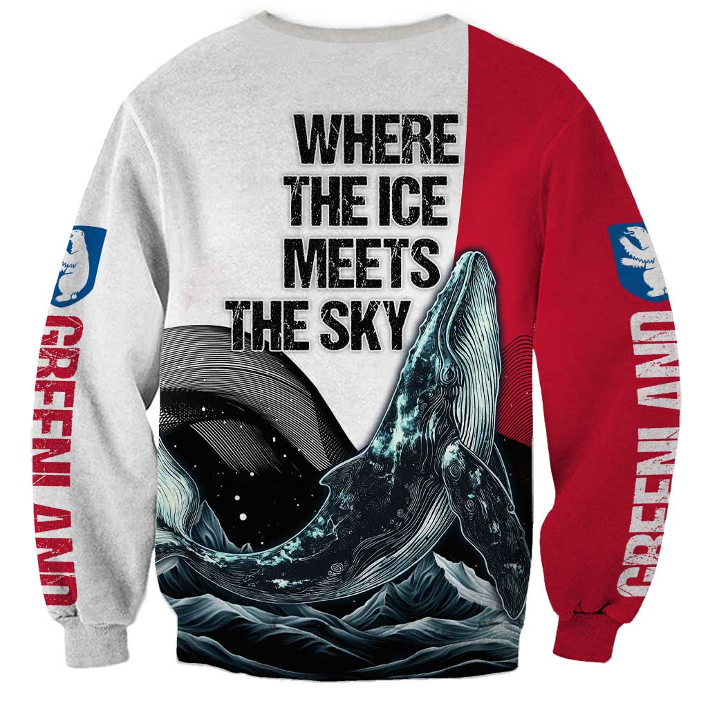 Greenland Whale Sweatshirt with Arctic Waves and Where the Ice Meets the Sky Text Design