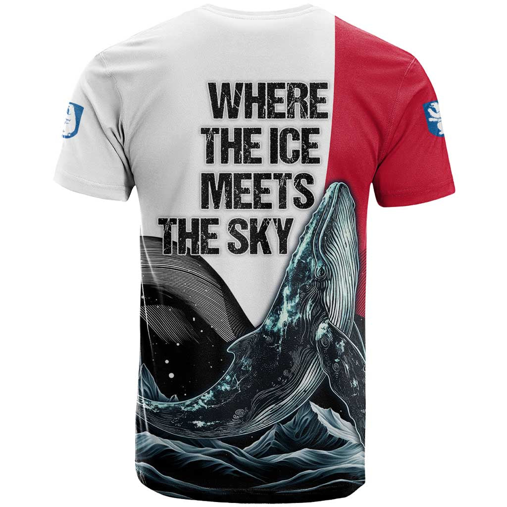 Greenland Whale T Shirt with Arctic Waves and Where the Ice Meets the Sky Text Design