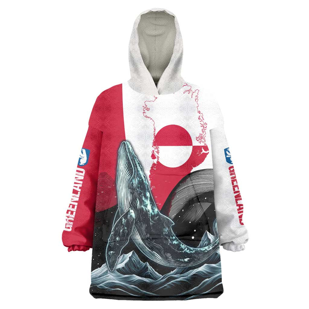 Greenland Whale Wearable Blanket Hoodie with Arctic Waves and Where the Ice Meets the Sky Text Design