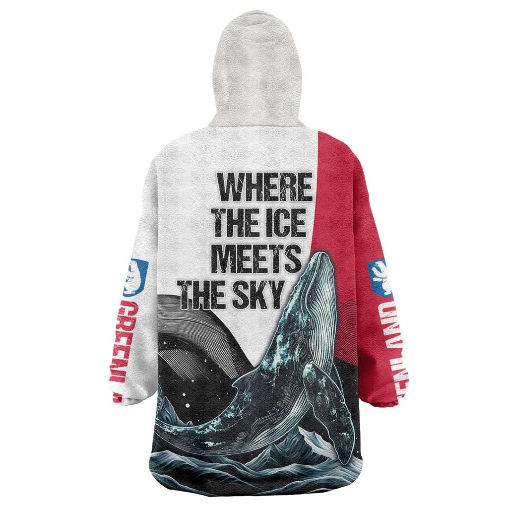 Greenland Whale Wearable Blanket Hoodie with Arctic Waves and Where the Ice Meets the Sky Text Design