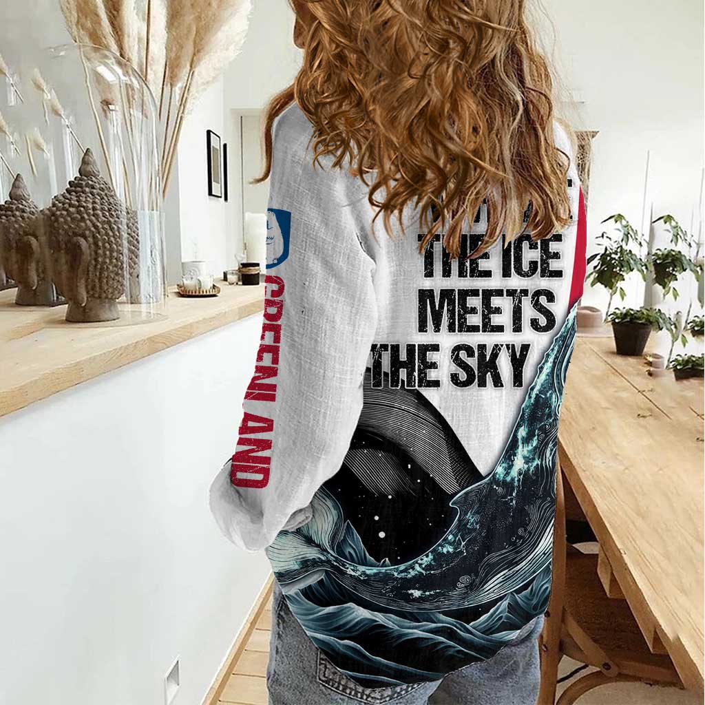 Greenland Whale Women Casual Shirt with Arctic Waves and Where the Ice Meets the Sky Text Design