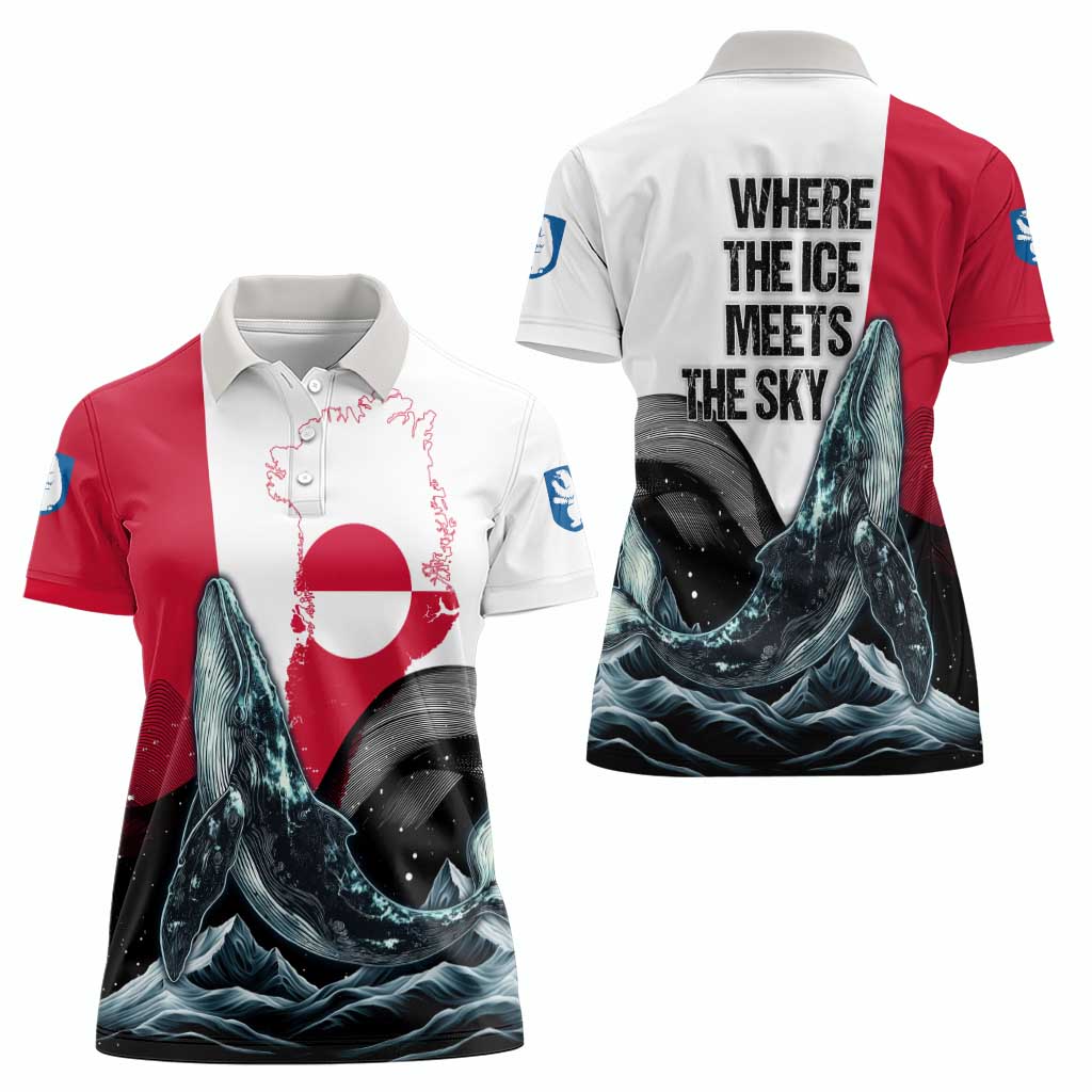 Greenland Whale Women Polo Shirt with Arctic Waves and Where the Ice Meets the Sky Text Design