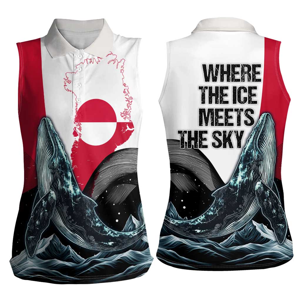 Greenland Whale Women Sleeveless Polo Shirt with Arctic Waves and Where the Ice Meets the Sky Text Design