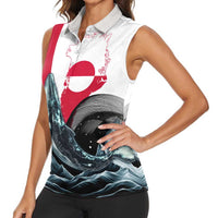 Greenland Whale Women Sleeveless Polo Shirt with Arctic Waves and Where the Ice Meets the Sky Text Design