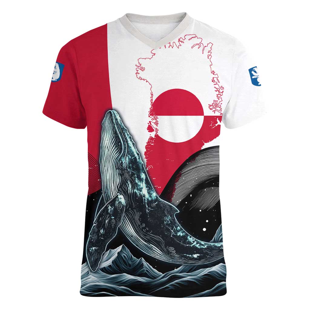Greenland Whale Women V-Neck T-Shirt with Arctic Waves and Where the Ice Meets the Sky Text Design