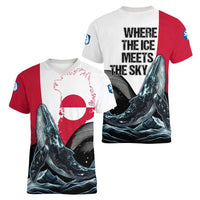 Greenland Whale Women V-Neck T-Shirt with Arctic Waves and Where the Ice Meets the Sky Text Design