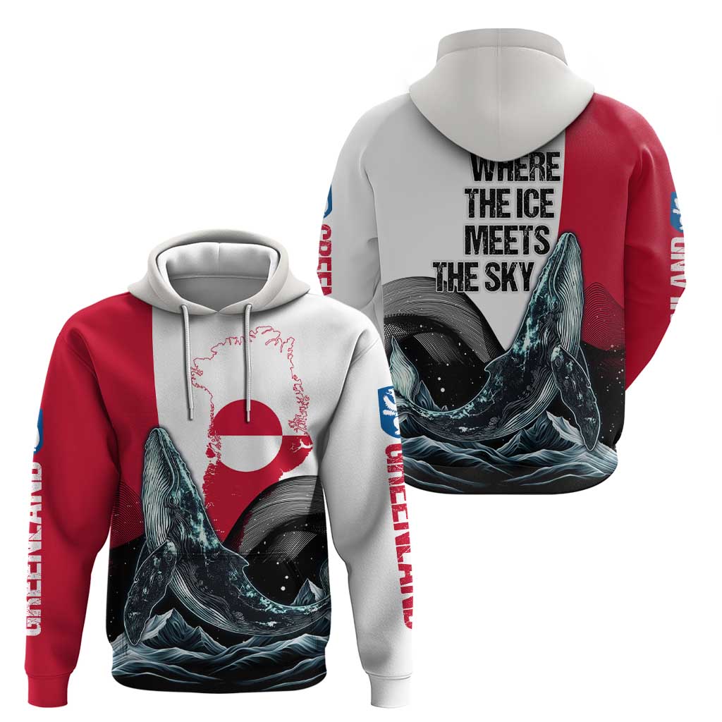 Greenland Whale Zip Hoodie with Arctic Waves and Where the Ice Meets the Sky Text Design
