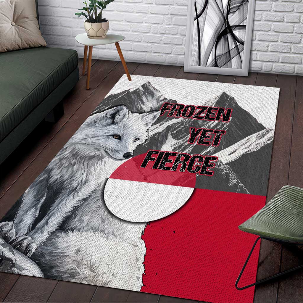 Greenland Area Rug with Arctic Fox, Mountains, and Frozen Yet Fierce Text Design