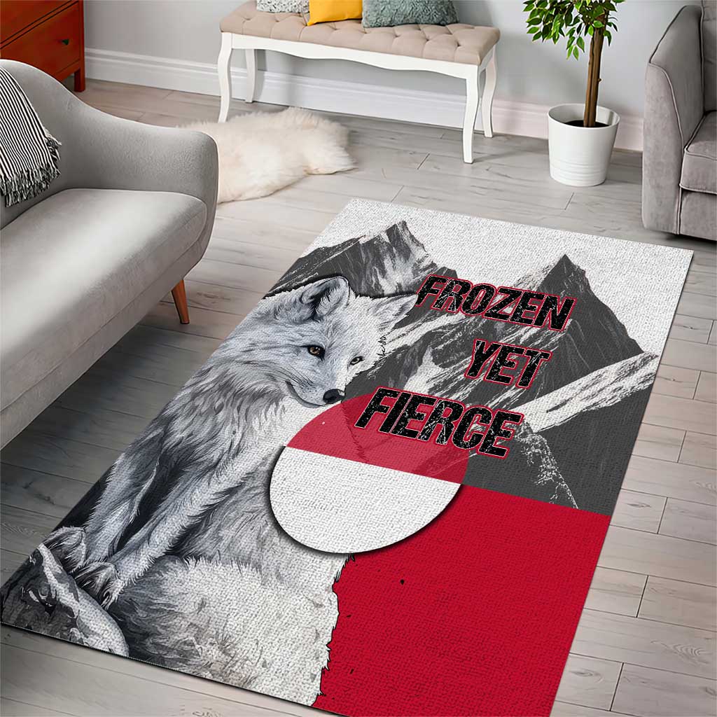 Greenland Area Rug with Arctic Fox, Mountains, and Frozen Yet Fierce Text Design