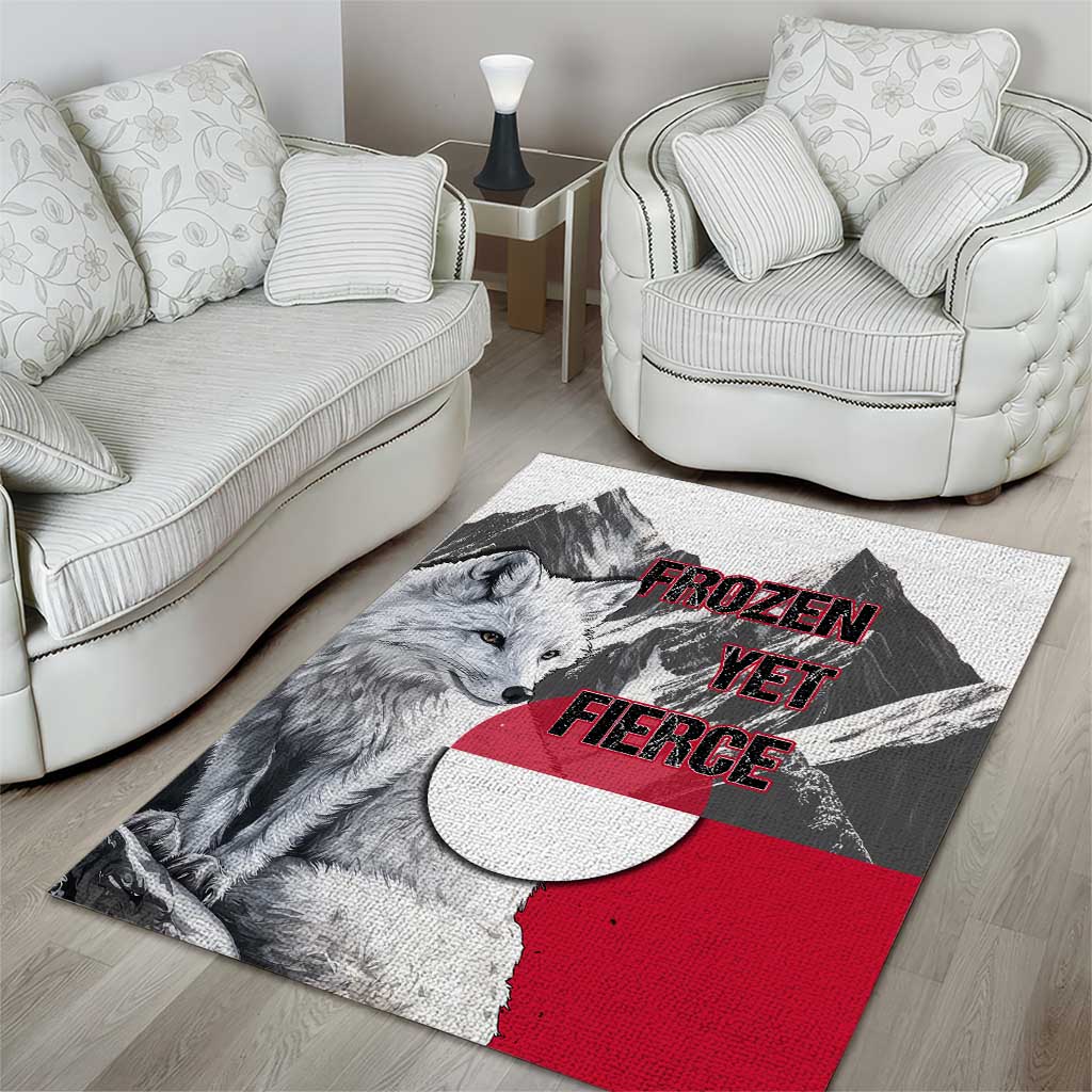 Greenland Area Rug with Arctic Fox, Mountains, and Frozen Yet Fierce Text Design