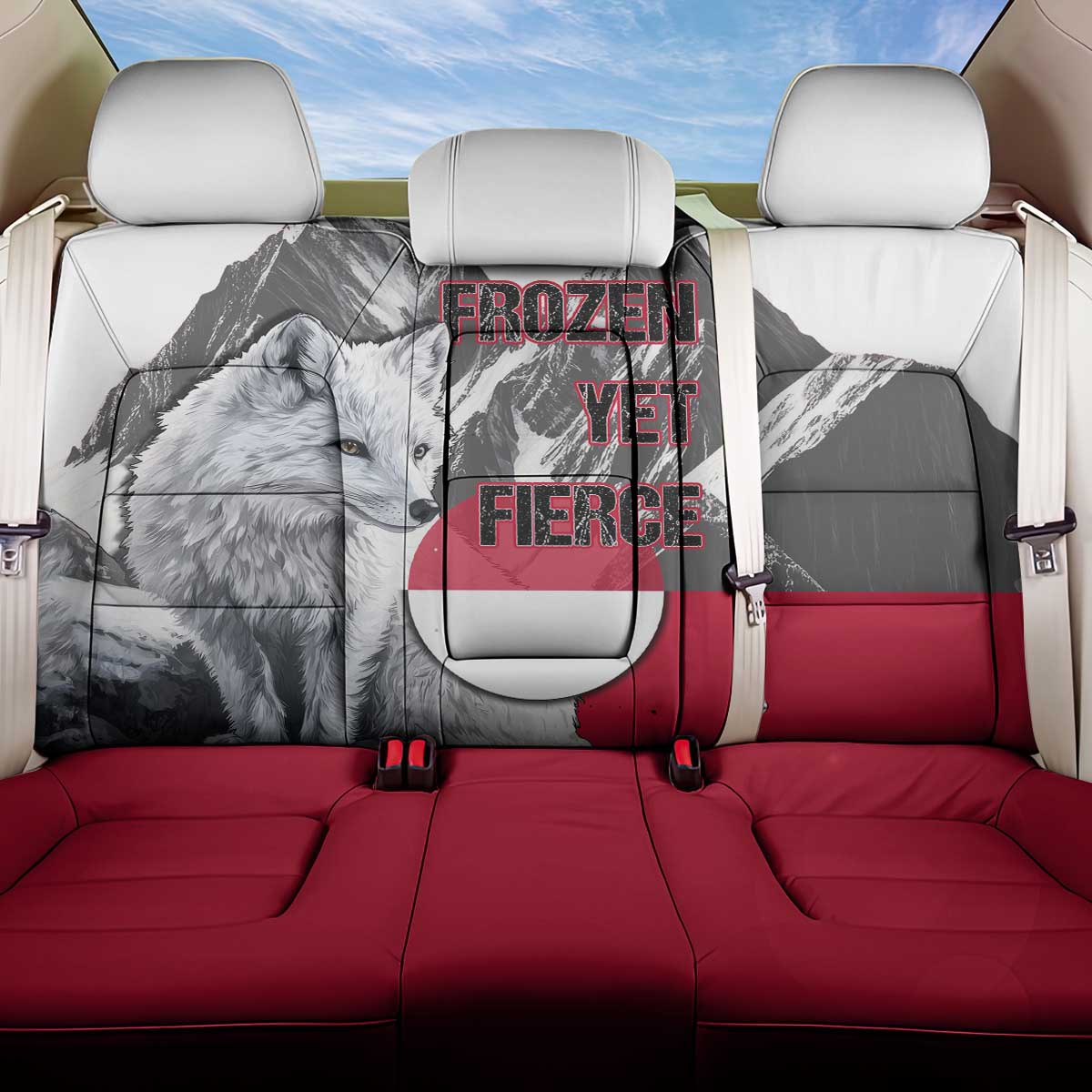 Greenland Back Car Seat Cover with Arctic Fox, Mountains, and Frozen Yet Fierce Text Design
