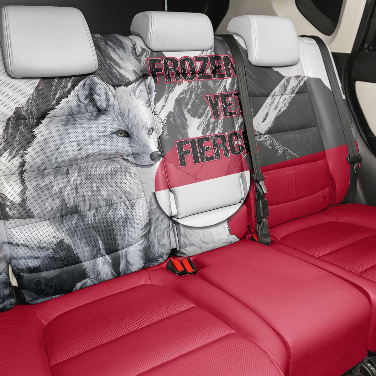 Greenland Back Car Seat Cover with Arctic Fox, Mountains, and Frozen Yet Fierce Text Design