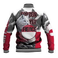 Greenland Baseball Jacket with Arctic Fox, Mountains, and Frozen Yet Fierce Text Design