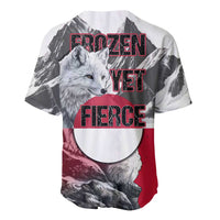 Greenland Baseball Jersey with Arctic Fox, Mountains, and Frozen Yet Fierce Text Design