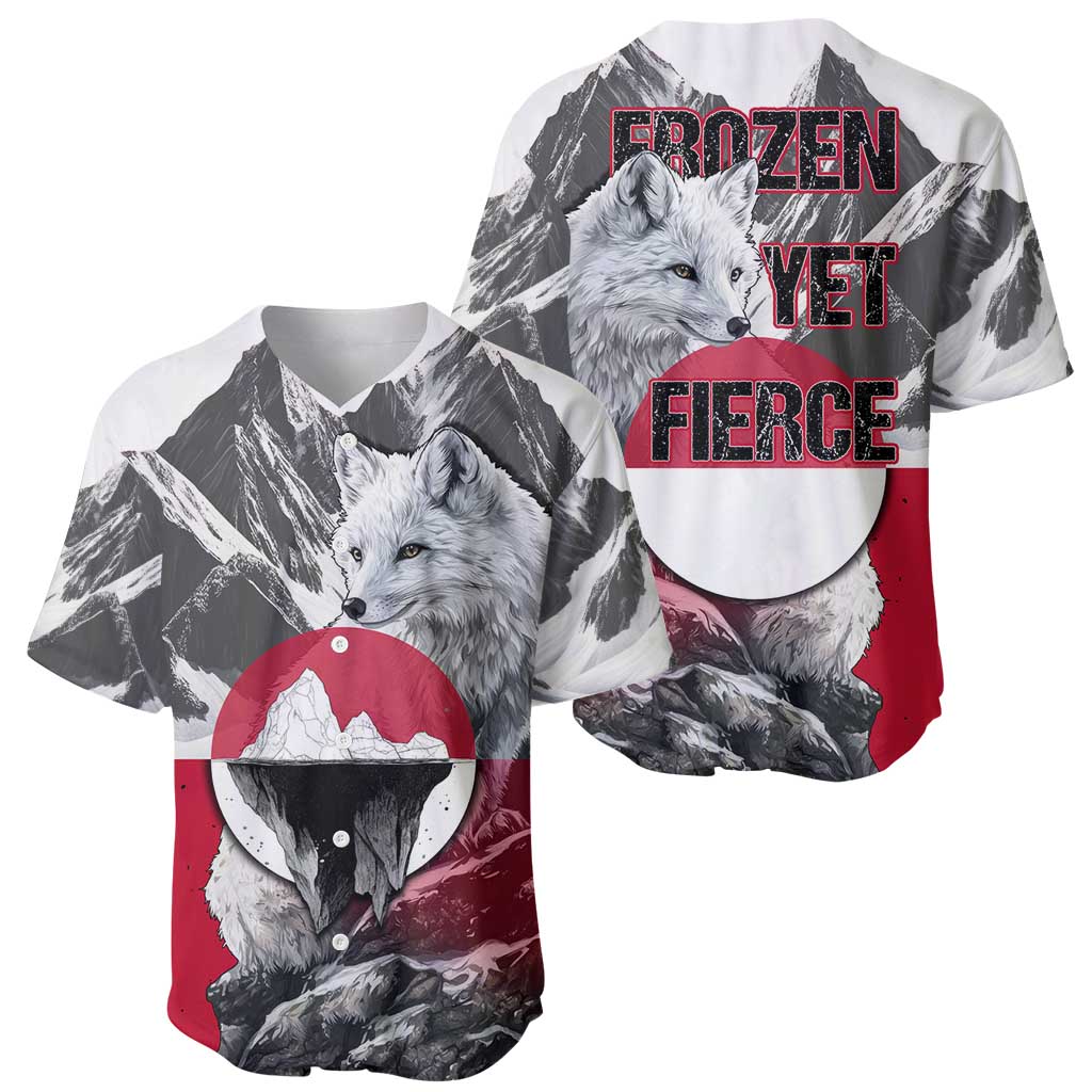 Greenland Baseball Jersey with Arctic Fox, Mountains, and Frozen Yet Fierce Text Design