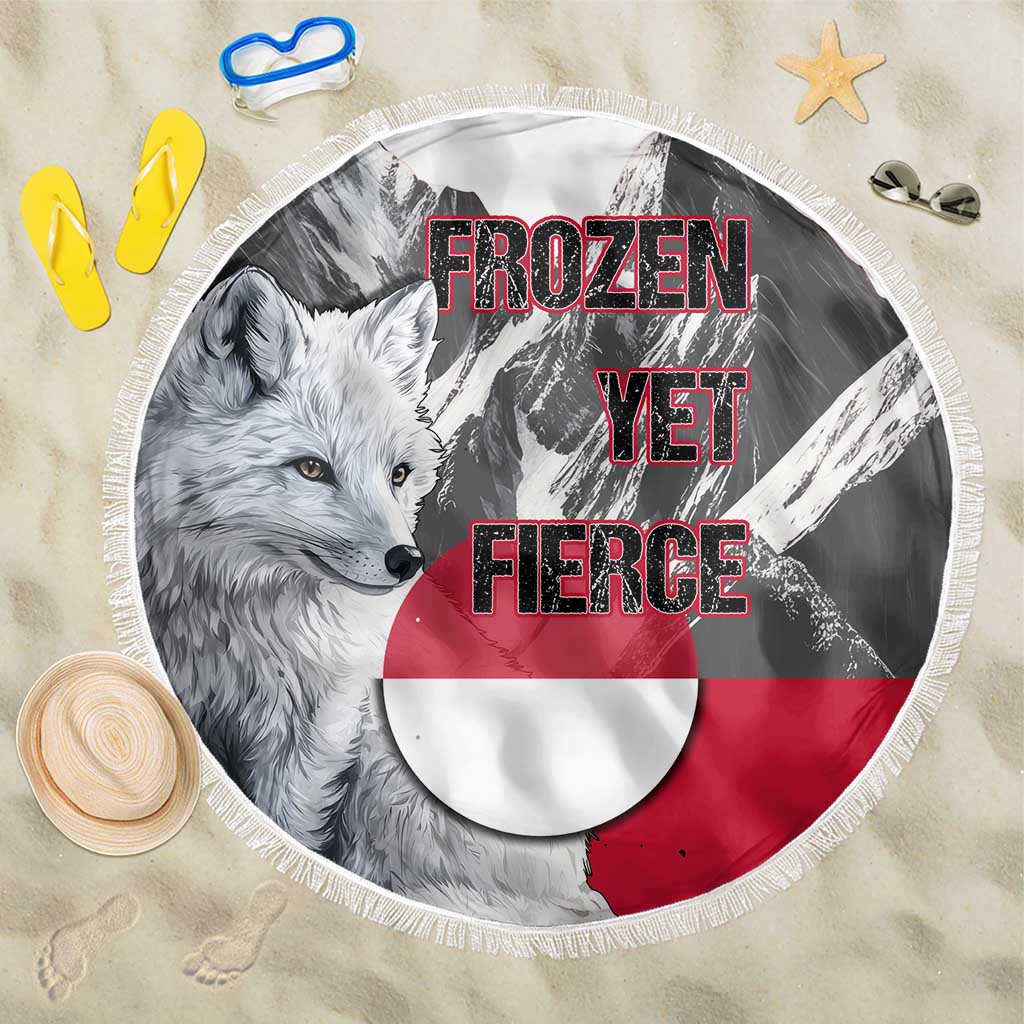 Greenland Beach Blanket with Arctic Fox, Mountains, and Frozen Yet Fierce Text Design