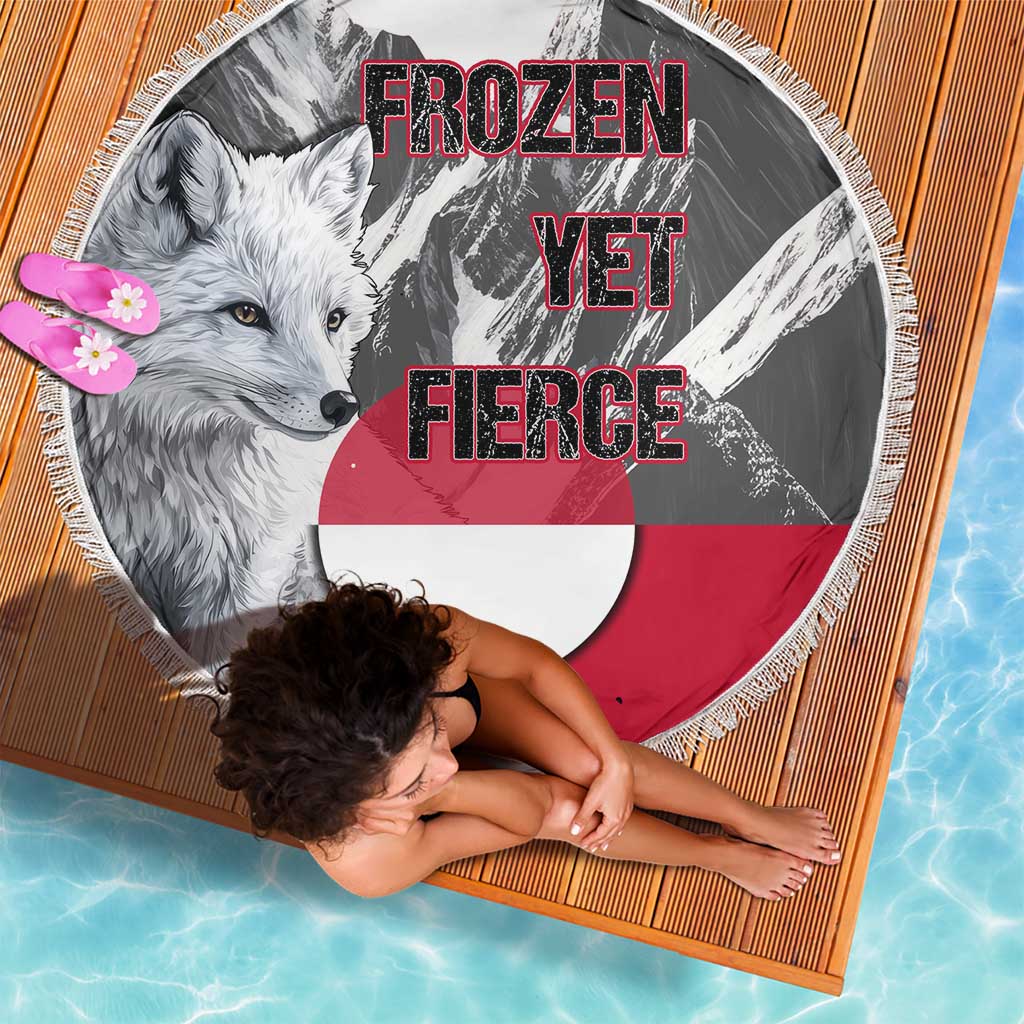 Greenland Beach Blanket with Arctic Fox, Mountains, and Frozen Yet Fierce Text Design