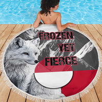 Greenland Beach Blanket with Arctic Fox, Mountains, and Frozen Yet Fierce Text Design