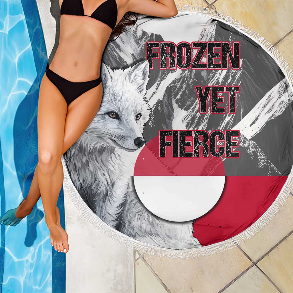 Greenland Beach Blanket with Arctic Fox, Mountains, and Frozen Yet Fierce Text Design